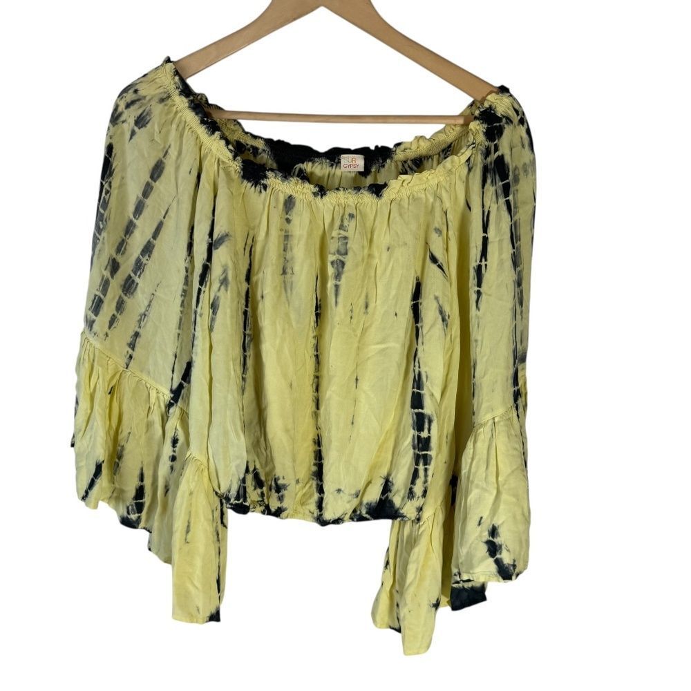 Surf Gypsy Yellow/Black Tie Dye Bell Sleeve Crop Top Sz M